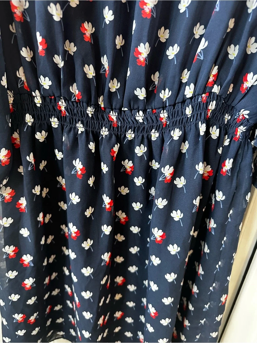 Women’s  Navy Cold-Shoulder‎ Floral Print Dress cut out shoulders sheer sleeves.